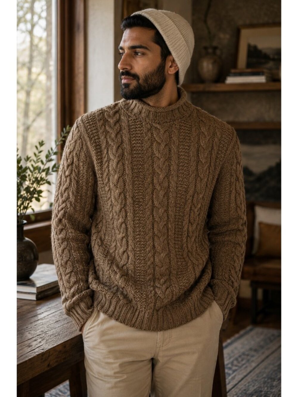 Polo by Ralph Lauren Cable Knit Mock Neck Sweater Men’s Large Brown Cotton Hemp
